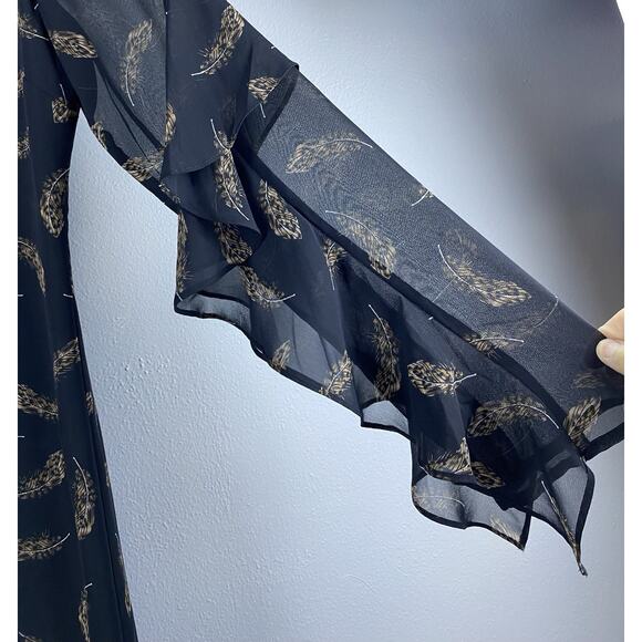 Sam Edelman Sz 10 Blk Chiffon Keyhole Lined Sheath Feather Ptn Sheer Slv Dress - Picture 4 of 14